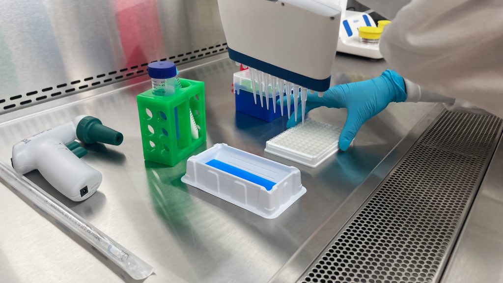 Scientist pipetting into a microplate well